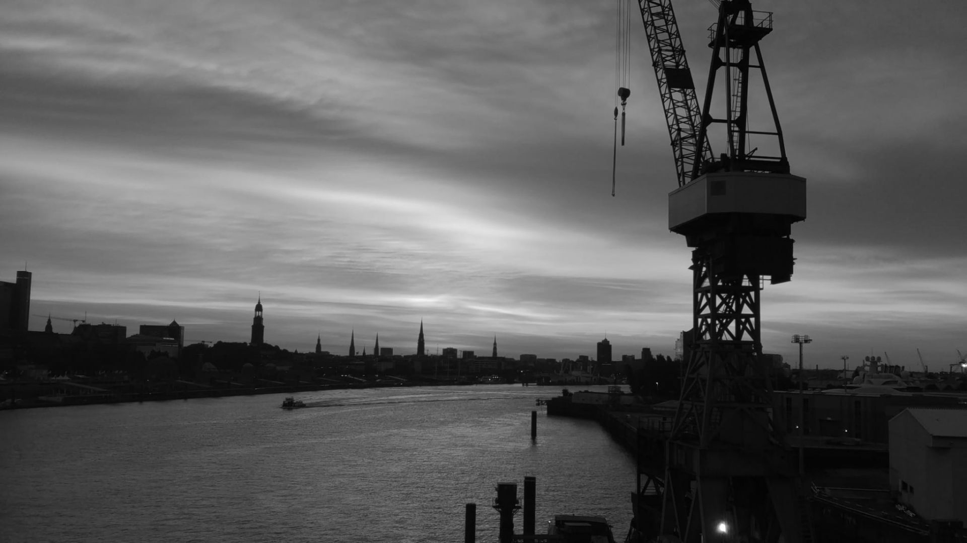 A wide-angle view of the Port of Hamburg with a cargo crane in the foreground.